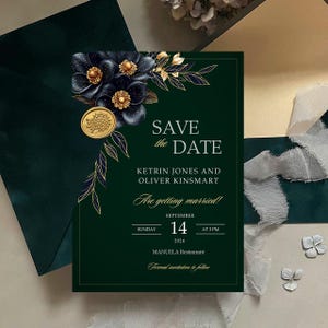 Emerald Wedding, Luxury Emerald Green & Gold Wedding Invitation, Dark Green and Gold Save the Date, Elegant Gold Foil Wedding Invite