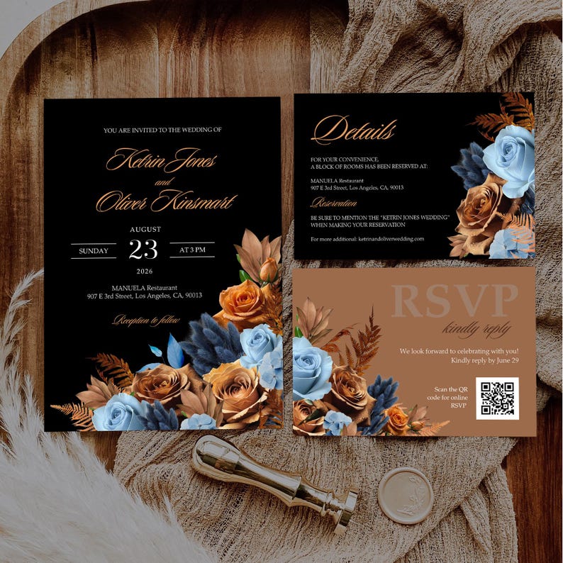 Rust & Dusty Blue Wedding Invitation SET Moody Terracotta Floral ...