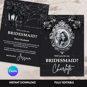 Proposta de madrinha gótica, convite de madrinha assustador e sombrio, cartão de festa de casamento de Halloween, proposta de madrinha negra e temperamental, madrinha gótica