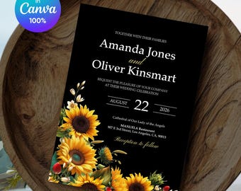 Plantilla de invitación de boda rústica con girasoles, invitación de boda en negro y amarillo, anuncio de boda floral, tarjeta de boda de verano con jardín