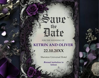 May include: A formal wedding invitation with a gothic design. The invitation features a white background with a decorative black and purple border, purple roses, and the text "Save the Date" in a stylized font. The names Ketrin and Oliver are also displayed.