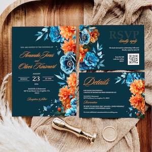 Dark Teal and Orange Wedding Invitation, Bright Autumn Wedding, Fall Wedding, Aqua blue Terracotta Wedding Details RSVP, Teal Wedding Invite