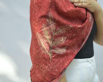 Handwoven Mulberry Silk Scarf: Eco-Printed Botanical Design, Ethical Vegan Eri Silk