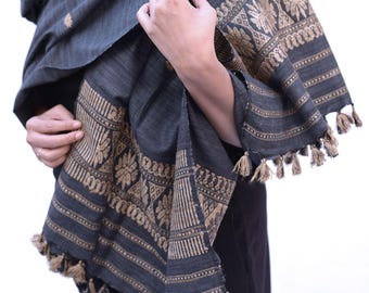 Handwoven Eri Silk Shawl: Muga Motifs, Eco-Friendly Charcoal Dye