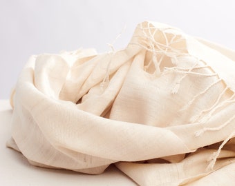 Handmade Eri Silk Stole. Natural Dyed Scarf White. Vegan and Eco Friendly Gift. 220 x 60 cm