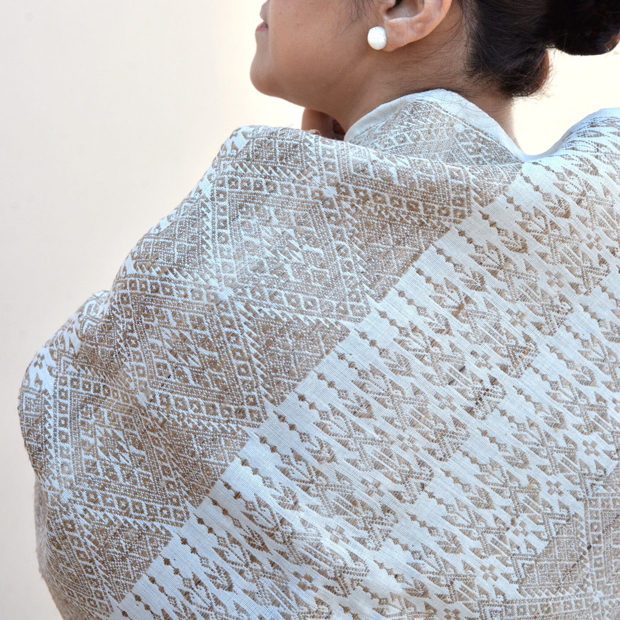 Eri Silk With Black & White Naga Pattern Stole Handwoven Natural 200 X ...