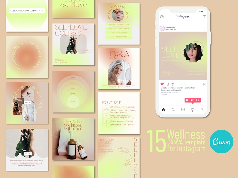 Wellness Instagram Post Templates Canva - 15 Posts for Instagram ...