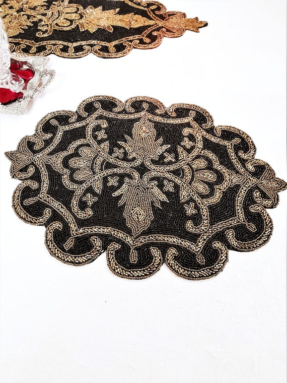 Handmade Beaded Placemat Beaded Tablemat 14 Inch Black Gold Etsy India