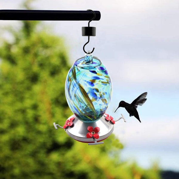 Mangeoire pour colibris - Verre soufflé à la main - Bleu - Capacité de 25 onces liquides de nectar pour colibris avec fils de suspension et crochet pour fossé