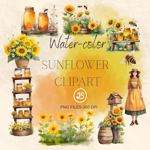 Watercolor Sunflower and Bees Clipart: Summer Floral PNG Graphics (Digital Download)