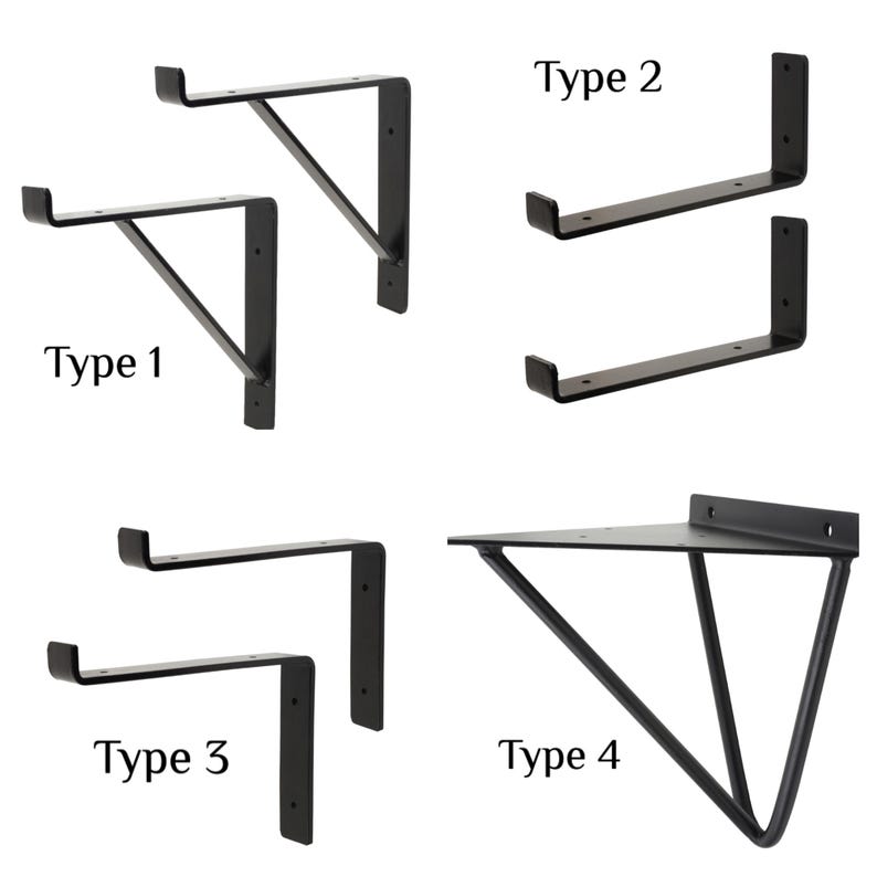 May include: Four different types of black metal shelf brackets. Type 1 and 3 are L-shaped brackets. Type 2 is a double L-shaped bracket. Type 4 is a triangular bracket.