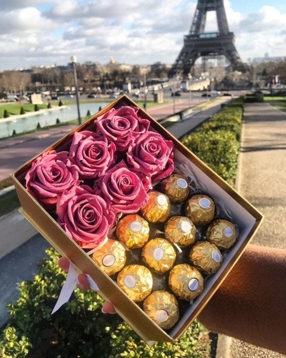 Coffret Roses Éternelles et Chocolat, Boîtes Coffret de Rose, Box Rose Rouge, Cadeau Noël, Femme