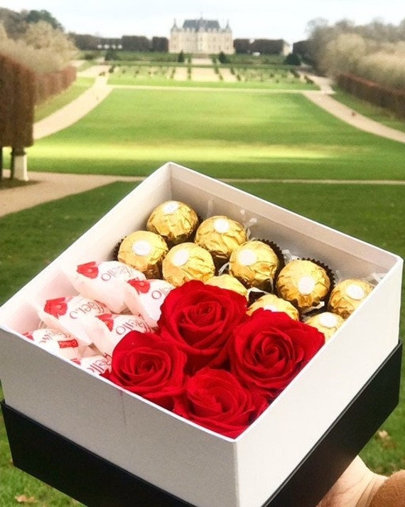 Boîtes Roses Éternelles et Chocolat, Coffret de Rose, Box Rose Rouge, Cadeau Noël, Femme