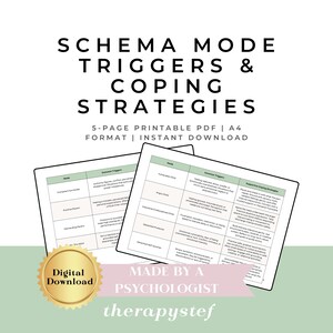 May include: A digital download of a printable PDF guide for coping with schema modes. The guide includes a table with common triggers and coping strategies for each mode. The title of the guide is "Schema Mode Triggers & Coping Strategies".