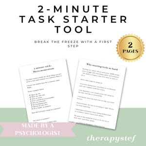 Könnte beinhalten: Zwei druckbare Seiten mit Tipps zur Überwindung von Aufschieberitis. Die erste Seite trägt den Titel "2-Minuten-Tricks: Mikromomentum" und enthält eine Liste mit kleinen Aufgaben, um loszulegen. Die zweite Seite trägt den Titel "Warum es so schwer ist, anzufangen" und erklärt die Gründe, warum es schwierig sein kann, eine Aufgabe zu beginnen.