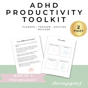 May include: A pink and green printable worksheet with the title "ADHD Productivity Toolkit" and the text "Planner, Tracker, Routine Builder". The worksheet includes a section titled "Your ADHD Survival Pack" with tips for managing ADHD and a section titled "My Toolkit" with four blank boxes for listing coping mechanisms.