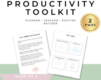 May include: A pink and green printable worksheet with the title "ADHD Productivity Toolkit" and the text "Planner, Tracker, Routine Builder". The worksheet includes a section titled "Your ADHD Survival Pack" with tips for managing ADHD and a section titled "My Toolkit" with four blank boxes for listing coping mechanisms.