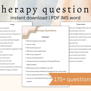 Op de afbeelding: Een printbaar werkblad met therapie vragen voor een eerste sessie en probleemgerichte onderwerpen. Het werkblad is verdeeld in drie secties: Gevoelens, Eerste sessie en Probleemgericht. Het werkblad is ontworpen om mensen te helpen hun emoties, gedachten en gedrag te verkennen. Het werkblad heeft de titel "Therapie vragen" en bevat de tekst "175+ vragen".