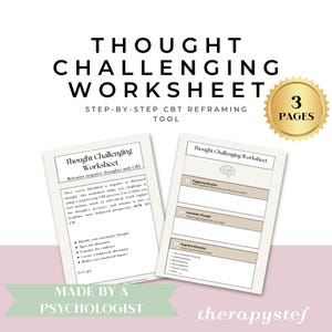 Thought-Challenging Worksheet – Printable CBT Tool | A4 Digital Download | Reframe Negative Thoughts & Cognitive Distortions