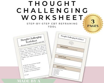 Thought-Challenging Worksheet – Printable CBT Tool | A4 Digital Download | Reframe Negative Thoughts & Cognitive Distortions