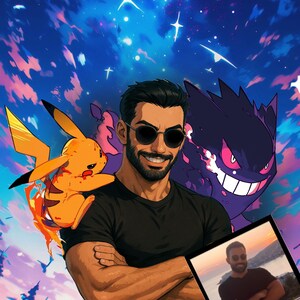 Custom Pokemon Cartoon Portrait, Pokemon card, poke trainer, pokemone gift idea, turn me pokemon, personalize pokemone, pokemone t-shirt