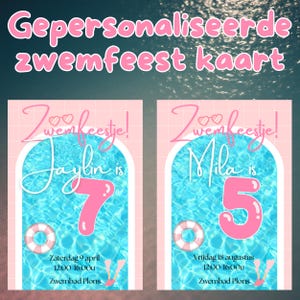 Könnte beinhalten: Personalisierte Einladungen zur Schwimmparty in Rosa und Blau. Das Design zeigt ein Poolmotiv mit den Namen "Jaylin" und "Mila" sowie deren Alter in großen rosa Zahlen. Der Text "Zwemfeestje" ist ebenfalls sichtbar.