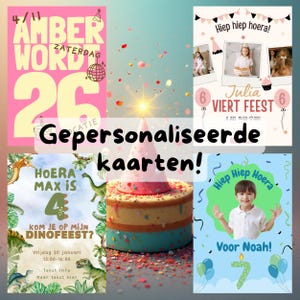 May include: A collection of personalized birthday cards with colorful designs. One card features a cake, another has a dinosaur theme, and others include photos and text. The cards are decorated with confetti and balloons.