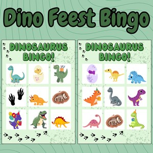 K&ouml;nnte beinhalten: Zwei Bingokarten mit gr&uuml;nem Hintergrund und Dinosaurier-Illustrationen. Die Karten tragen den Text "Dino Feest Bingo" und "DINOSAURUS BINGO!". Jede Karte zeigt neun verschiedene Dinosaurierbilder in verschiedenen Farben.