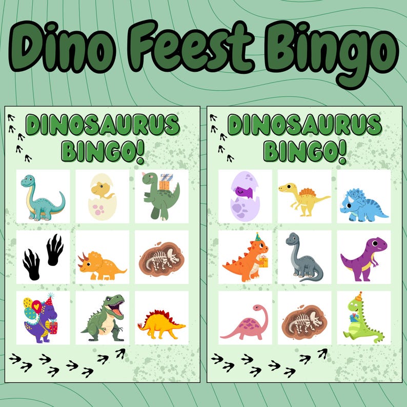 K&ouml;nnte beinhalten: Zwei Bingokarten mit gr&uuml;nem Hintergrund und Dinosaurier-Illustrationen. Die Karten tragen den Text "Dino Feest Bingo" und "DINOSAURUS BINGO!". Jede Karte zeigt neun verschiedene Dinosaurierbilder in verschiedenen Farben.