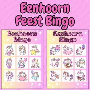 Könnte beinhalten: Auf einem rosa-gelben Hintergrund steht der Text "Eenhoorn Feest Bingo". Zwei Bingokarten mit einem Raster von Cartoon-Einhörnern sind zu sehen. Die Karten tragen die Aufschrift "Eenhoorn Bingo" und enthalten verschiedene Einhorn-Illustrationen.