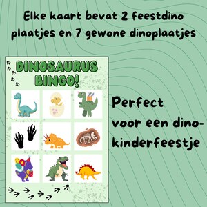 K&ouml;nnte beinhalten: Eine Dinosaurier-Bingo-Spielkarte mit Illustrationen verschiedener Dinosaurier. Die Karte enth&auml;lt den Text "DINOSAURUS BINGO!" und ist f&uuml;r eine Kinderparty gedacht. Der Hintergrund ist hellgr&uuml;n.