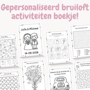 Könnte beinhalten: Eine Sammlung von schwarz-weißen Aktivitätsbüchern für eine Hochzeit. Das Cover eines Buches zeigt die Namen "Julia & Micheal" und das Datum "14-05-2026". Weitere Seiten enthalten ein Wortsuchrätsel, ein Labyrinth und eine Autozzeichnung.