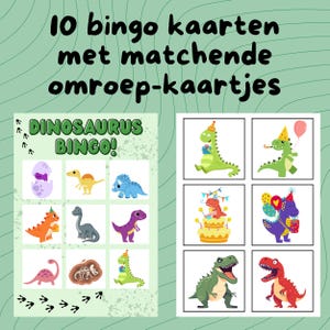 K&ouml;nnte beinhalten: Ein Satz Dinosaurier-Bingo-Karten. Die linke Karte zeigt "DINOSAURUS BINGO!" mit verschiedenen Dinosaurier-Illustrationen. Die rechte Seite zeigt einzelne Dinosaurierbilder. Der Text oben lautet "10 Bingokarten mit passenden Ansagekarten".