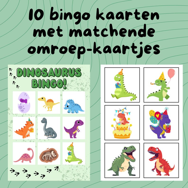 K&ouml;nnte beinhalten: Ein Satz Dinosaurier-Bingo-Karten. Die linke Karte zeigt "DINOSAURUS BINGO!" mit verschiedenen Dinosaurier-Illustrationen. Die rechte Seite zeigt einzelne Dinosaurierbilder. Der Text oben lautet "10 Bingokarten mit passenden Ansagekarten".