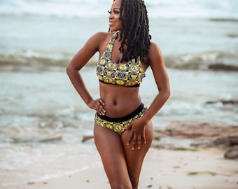 Adinkra Gyenyame Afrikanischer Print-Bikini Schwarz & Weiß Gepolsterter Badeanzug Spandex kurvige Erbmode HectorsDesign