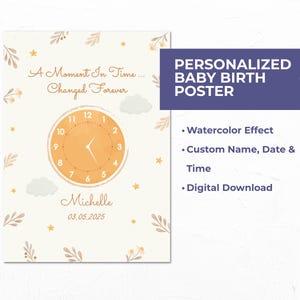 Personalisierte Baby Geburt Poster - Aquarell Effekt, Name, Datum & Uhrzeit - Digital Download