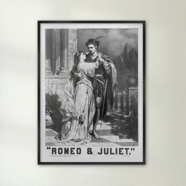 Romeo and Juliet, 1879 Vintage Framed Poster, Black and White, Hanging Wall Art, Shakespeare, Theater Lovers Gift