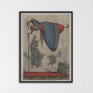 Vintage Devils and Floating Girl 1870 Framed Poster, Circus Stock, Halloween, Hanging Wall Art