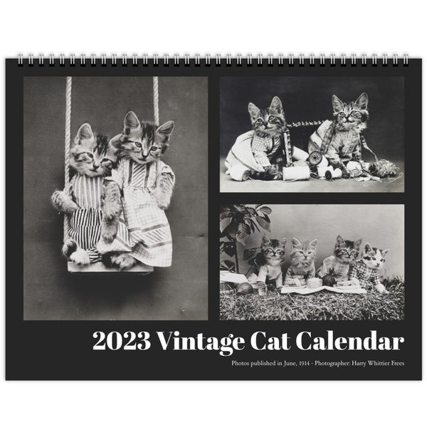 Calendario de gatos vintage 2023, calendario de pared de gato divertido, fotografía clásica en blanco y negro