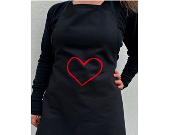 Heart Embroided Kitchen Apron Black