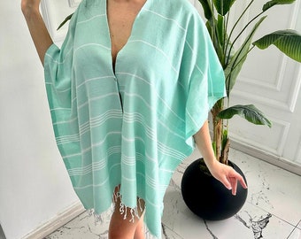 Beach Chic Cover Up: 100% Cotton Kimono with Tassel Detail - Organic Cotton Peshtemal Turkish Towel Fabric Beach Robe - Turkish Beach Towel