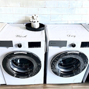 HomePrepCo "Wash" Embroidered Washing Machine Cover & "Dry" Embroidered Dryer Cover 2 Sets of White