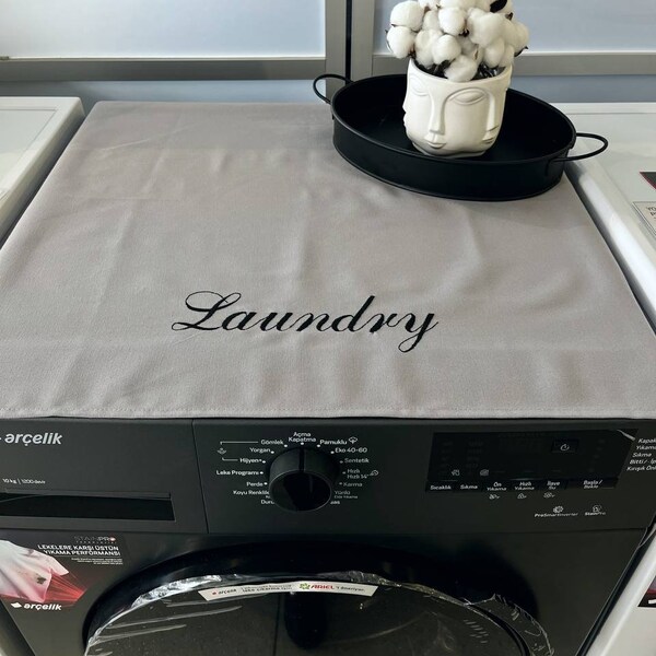 Housse brodée pour machine à laver HomePrepCo « Laundry », housse de protection pour électroménager gris