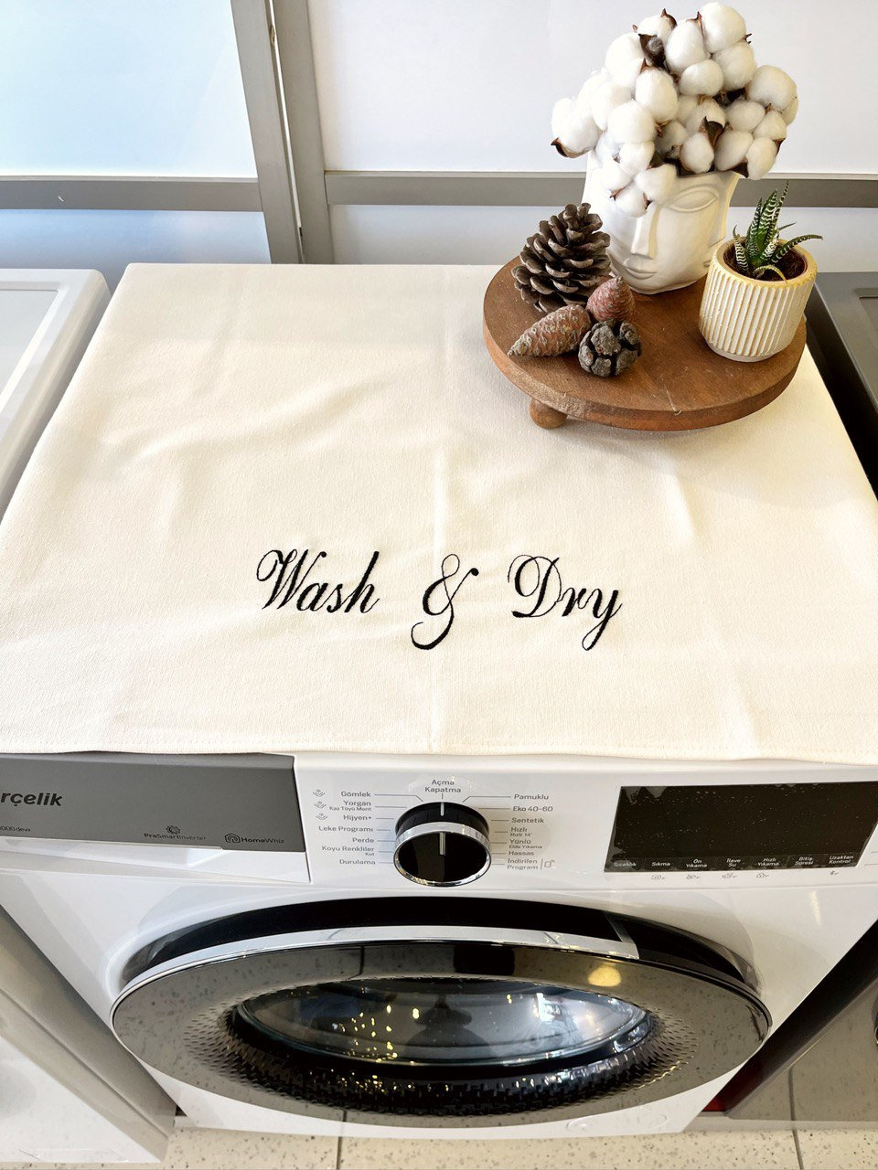 HomePrepCo "Wash&Dry" Embroidered Washer and Dryer machine linen Cover Beige