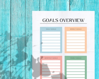 Goal Overview Sheet, Goals Sheet, Productivity, Goal Tracker, Visual Goal Setting, Daily Weekly Monthly Yearly, INSTANT DOWNLOAD, PDF