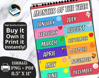 Months of the Year Printable, Clip Chart Classroom, Homeschool Learning, Classroom Printable, kids months of the year, INSTANT DOWNLOAD