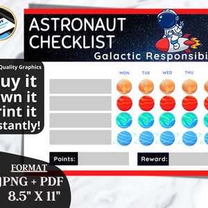 Behavior Chart for Kids, Astronaut Behavior Checklist, 5 Day Checklist for Kids, Rewards Chart, Kids Checklist, School Printables, PNG, PDF
