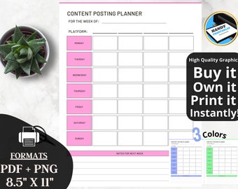 May include: Printable content posting planner with a pink and white color scheme. The planner is designed for a week and includes a section for notes for the next week. The planner is available in three colors: blue, green, and pink.