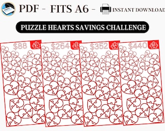 Savings Challenge Printable, Puzzle Hearts Savings Challenge, A6 Savings Challenge, Cute Savings Challenge, Printable Savings, Fits A6, PDF