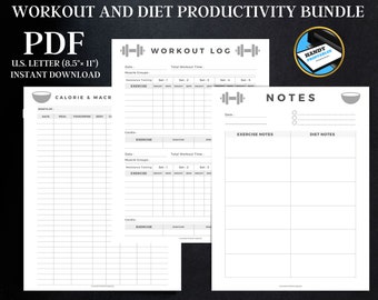 Workout and Meal Planner, Workout Log Printable, Workout and Diet Productivity Bundle, Calorie Tracker, Fitness Planner, Workout Tracker